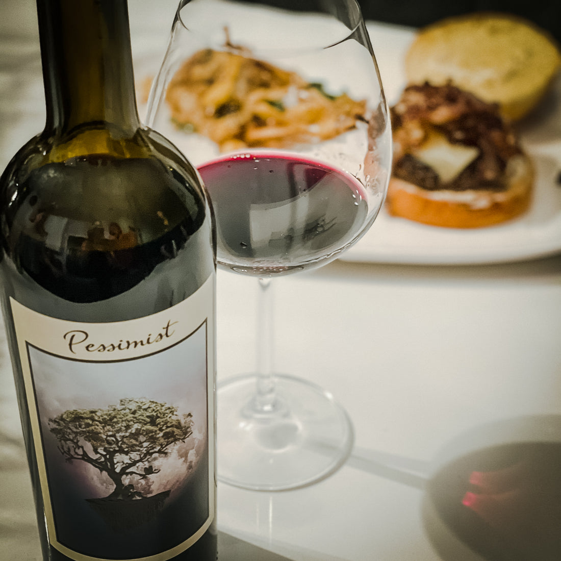 Pessimist Red Blend Wine and Wagyu Burger