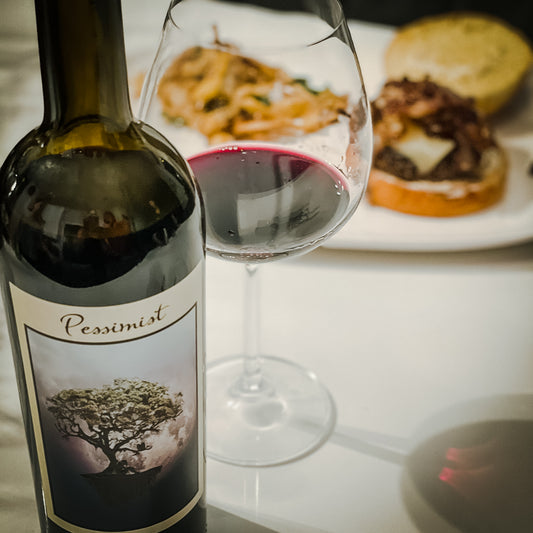 Pessimist Red Blend Wine and Wagyu Burger