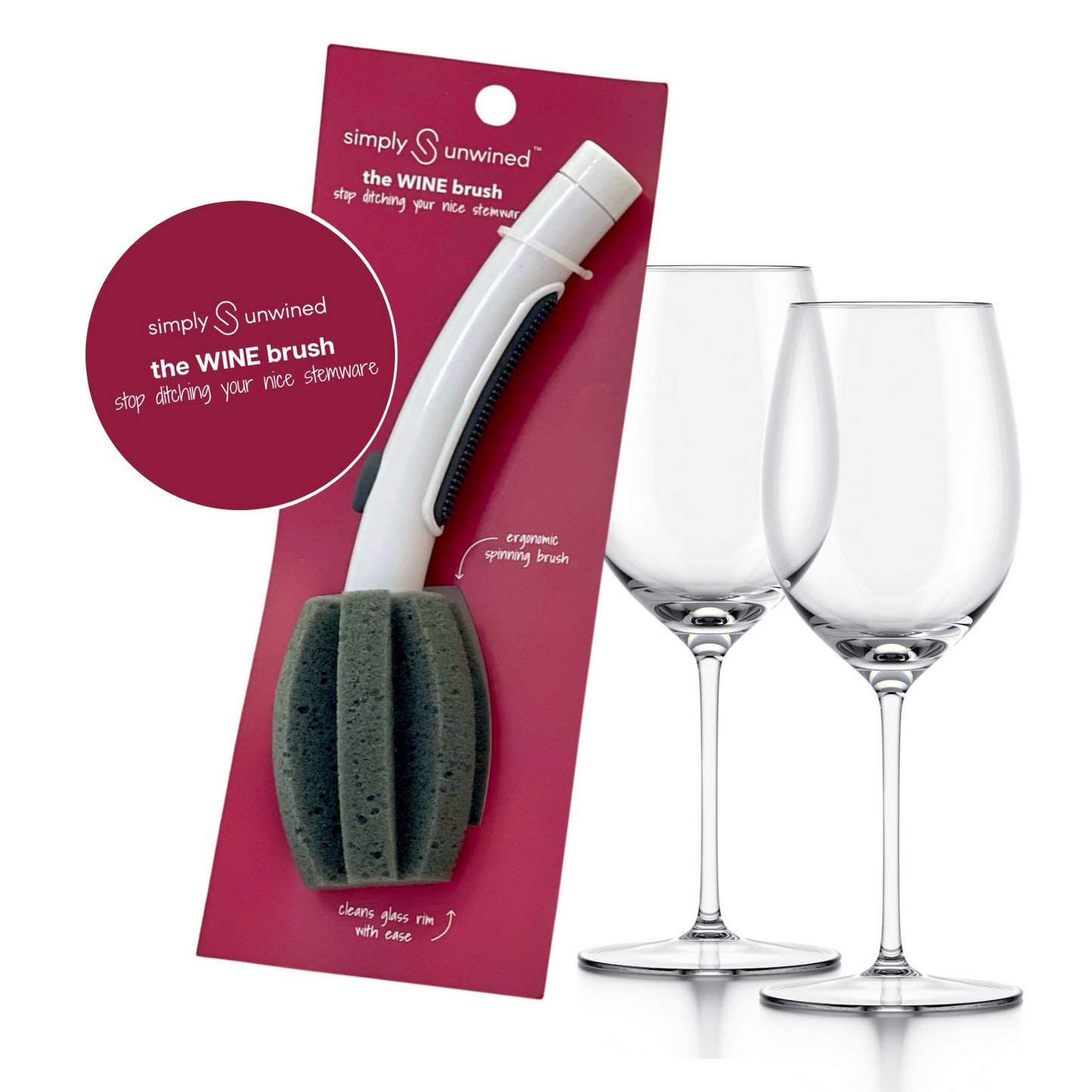 The Wine Brush Glass Cleaning Dish Wand with Two Wine Glasses